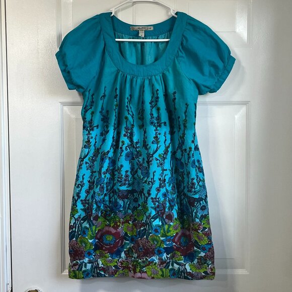 American Rag Boho Hippie Floral Peasant Tunic Top Medium Puff Sleeve Teal Pink - Picture 1 of 6